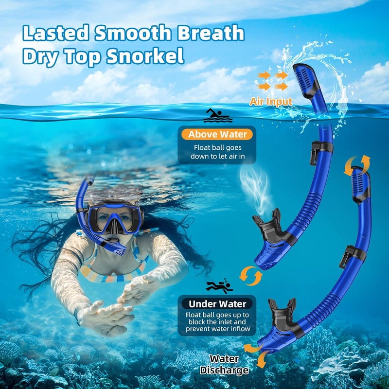 Honlanor Snorkel Set Adults Snorkeling Gear Anti-Leak and Anti-Fog Tempered Glass Lens Panoramic View Swim Mask Dry Top Snorkel Kit for Snorkeling Scuba Diving Swimming Travel with Carry Bag - Image 3